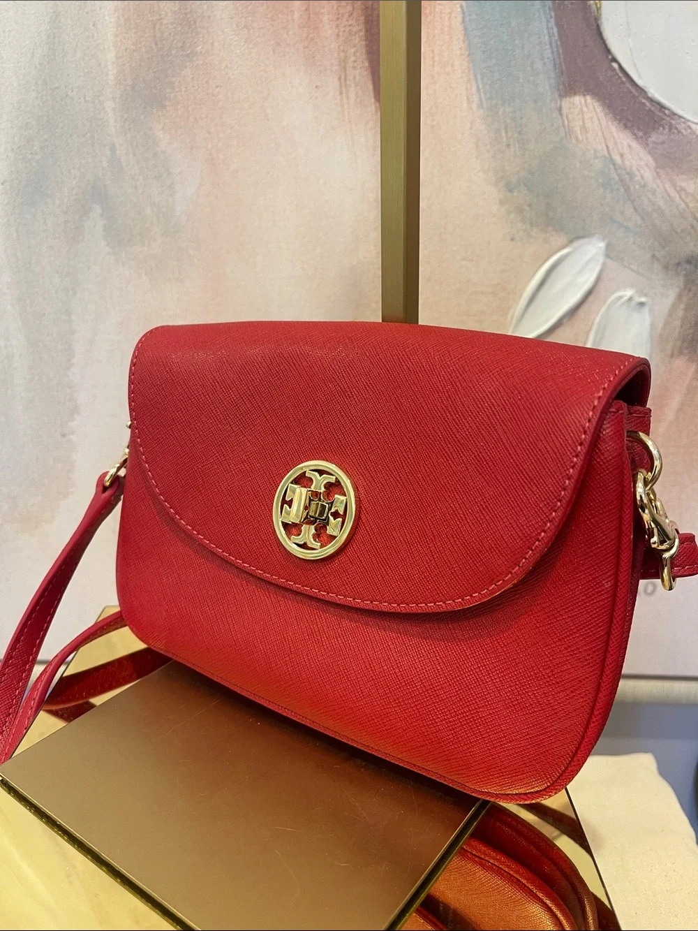 Tory Burch Red Saffiano Crossbody with Gold Emblem